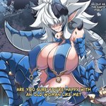 2_horns big_breasts big_horn black_horn blue_body blue_clothing blue_legwear blue_scales blue_tail blue_thigh_highs breasts claws cleavage clothed clothing dialogue dragon_tail ear_piercing ear_ring female grin hair hair_over_eyes horn huge_breasts legwear long_hair monster_girl_(genre) nipple_outline piercing pointy_ears ring_piercing scales sitting smile solo tail text thick_thighs thigh_highs white_hair little_pengo mythology animal_humanoid dragon dragon_humanoid humanoid mythological_creature mythological_scalie scalie absurd_res digital_drawing_(artwork) digital_media_(artwork) english_text hi_res watermark