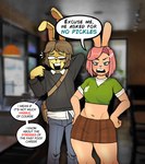 anthro bottomwear brown_hair clothed clothing denim denim_bottomwear denim_clothing duo female hair jeans male pants pink_hair sweater text topwear ponehanon asked_for_no_pickles big_bun_burgers dale_(ponehanon) jazz_(lewdersheep) lagomorph leporid mammal rabbit english_text hi_res