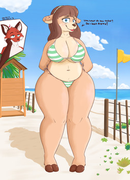 accessory anthro barefoot beach big_breasts big_butt bikini blue_eyes blue_sky breasts brown_hair brown_nose brown_spots butt clothing cloud countershade_face countershade_neck countershade_torso countershading day dialogue duo feet female flag freckles fur green_bikini green_clothing green_swimwear hair hair_accessory hairband male male/female navel outside overweight overweight_anthro overweight_female pattern_clothing pattern_swimwear red_body red_fur side-tie_bikini sky smile solo spots string_bikini striped_clothing striped_hairband striped_swimwear stripes swimwear teal_eyes text thick_thighs two-piece_swimsuit white_bikini white_body white_clothing white_countershading white_swimwear wide_hips mestysa canid canine deer fox mammal absurd_res english_text hi_res