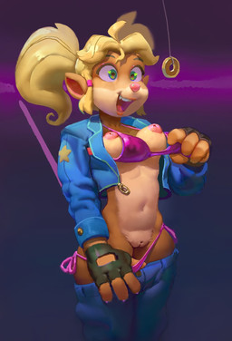 anthro bikini bikini_bottom bikini_top bottomwear breasts clothed clothing female fingerless_gloves fur genitals gloves green_eyes hair handwear heart_eyes heart_symbol hypnosis inverted_nipples jacket lips mind_control navel nipples orange_body orange_fur pants pendulum pigtails pink_nose removing_pants removing_underwear smile solo string_bikini swimwear teeth thick_thighs tongue topwear two-piece_swimsuit undressing vulva flo activision crash_bandicoot_(series) crash_team_racing_(series) crash_team_racing_nitro-fueled pasadena_o'possum american_opossum mammal marsupial hi_res