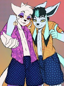 anthro anthrofied arm_over_shoulder bottomwear clothed clothing dark_hair duo floral_print gesture hand_gesture head_tuft male open_clothing open_mouth open_shirt open_topwear pointing pointing_at_viewer pokemorph purple_clothing purple_shirt purple_topwear rolled_up_sleeves shirt shorts simple_background smile tail topwear tuft yellow_clothing yellow_shirt yellow_topwear pearl123_art nintendo pokemon anglo_(anglo) jace_(tamashii) eeveelution generation_4_pokemon generation_5_pokemon glaceon mienshao pokemon_(species) 3:4 colored_sketch hi_res sketch