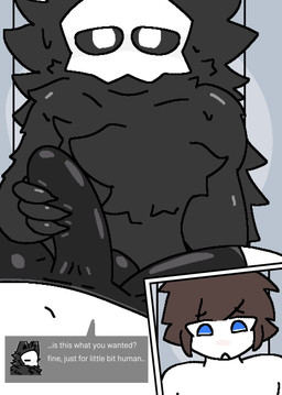 anthro black_body black_fur blue_eyes bulge bulge_fondling couples dialogue duo fur gesture handjob handjob_through_clothing human_on_anthro interspecies jerking_off_another latex liquid_latex male male/male masturbating_to_other penile romantic romantic_couple sex suggestive suggestive_gesture suggestive_look suggestive_pose text fallonheels changed_(video_game) colin_(changed) lin_(changed) puro puro_(changed) human mammal comic english_text hi_res