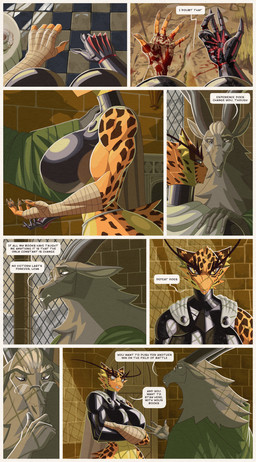 abs anthro arm_wraps armor beverage blood blood_drip blood_on_hand bodily_fluids bottomwear breasts brick brick_wall checkerboard_floor cheek_tuft cloak close-up clothing comic_panel container crossed_arms cup detailed_background dialogue dirt door dripping duo ears_down eyebrows eyewear facial_tuft facing_away_from_viewer female fireplace first_person_view food frown fur furniture glasses grass grey_body grey_eyes grey_fur hand_on_shoulder high_collar horn inside leopard_spots loincloth long_eyebrows looking_out_window low-angle_view male markings midriff napkin orange_body orange_fur outside pawpads pivoted_ears plant shadow shaggy_fur side_view smile speech_bubble spots tail tail_markings tea_cup teapot text tuft unconvincing_armor wall_(structure) wearing_glasses window wraps yellow_body yellow_eyes yellow_fur hiverdose kurlan_(last_fables) lieren_(last_fables) bovid caprine felid goat leopard mammal markhor pantherine absurd_res comic digital_media_(artwork) english_text hi_res