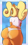 anthro big_butt black_eyebrows black_nose blonde_hair brown_inner_ear butt clothing countershading eyebrows eyelashes female fur green_eyes hair looking_at_viewer looking_back looking_back_at_viewer midriff orange_body orange_ears orange_fur panties ponytail pupils rear_view shirt small_tail solo tail thick_thighs topwear underwear white_clothing white_panties white_shirt white_topwear white_underwear davidsanchan activision crash_bandicoot_(series) coco_bandicoot bandicoot mammal marsupial absurd_res artist_name hi_res signature