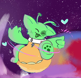 3_toes 4_fingers ageplay ambiguous_gender antennae_(anatomy) anthro blush blush_lines bodily_fluids button_(fastener) clothed clothing collar cosmic_background cute_fangs detailed_background diaper diaper_under_clothing eye_spots eyes_closed fangs feet fingers floating front_view fur genital_fluids gesture green_body green_fur green_pawpads hand_gesture happy heart_symbol markings open_mouth orange_clothing pawpads planet roleplay smile solo space space_background spacesuit spots spotted_markings teeth thumbs_up toes unclean_diaper urine used_diaper wearing_diaper wet_diaper zipper onesydoo_(artist) glee_glorp_(boredomwithfriends) alien felid feline mammal 2025 full-length_portrait hi_res portrait