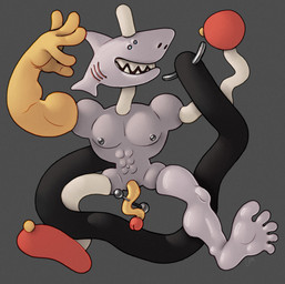 abstract_art abstract_penis anthro curved_penis erection feet genital_piercing genitals glans grey_body grey_skin humanoid_feet male memphis_design modular muscular muscular_male penis penis_piercing piercing plantigrade postmodern postmodernism red_glans silver_nipples simple_background small_eyes smile soles solo yellow_arm yellow_penis ravuer aquatic fish shark hi_res