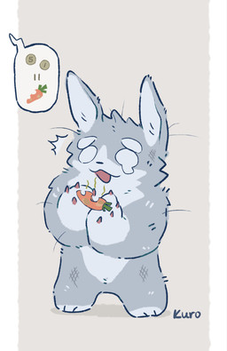 ambiguous_gender border carrot claws coin countershading ears_up emanata empty_eyes feral fluffy food fur gloves_(marking) grey_body grey_fur markings open_:3 open_mouth open_smile paws plant scratch_mark scratches simple_background smelly smile solo speech_bubble standing tan_background text tuft vegetable white_body white_border white_fur kuromonsart lagomorph leporid mammal rabbit 2025 artist_name digital_media_(artwork) hi_res shaded simple_shading