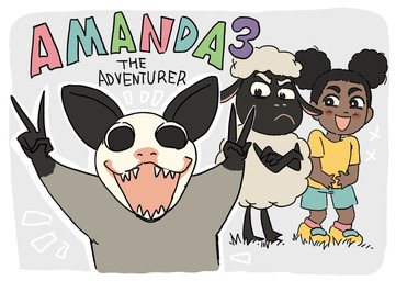afro_puffs black_body black_eyes black_fur blush dark_body dark_skin fangs female frown fur furrowed_eyebrows gesture hand_gesture male open_mouth smile teeth v_sign white_body white_fur wool_(fur) wkm09989 amanda_the_adventurer amanda_(amanda_the_adventurer) chicken_scratch_(amanda_the_adventurer) wooly_(amanda_the_adventurer) american_opossum bovid caprine human mammal marsupial sheep
