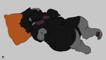 anthro areola belly female fluffy fluffy_tail fur gloves_(marking) grey_body grey_fur grey_pawpads lying markings on_back orange_pillow pawpads pillow pink_areola simple_background sleeping slightly_chubby slightly_chubby_female solo tail thick_thighs bk_sat(artist) ezekiel_(quartzal) binturong mammal viverrid hi_res