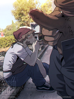 anthro balls beanie beard blush bodily_fluids cigarette clothed clothing duo erection facial_hair footwear foreskin fully_clothed genital_fluids genitals glans hair hat headgear headwear holding_penis humanoid_genitalia humanoid_penis looking_at_genitalia looking_at_penis male male/male penis photo_background precum public public_exposure realistic_penis_size shoes smoking catsudon canid canine canis domestic_dog mammal 3:4 photography_(artwork)