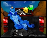 abs anthro athletic balloon balloon_with_face biceps black_border blue_body blue_eyes blue_fur border claws clothing duo_focus fur grey_body grey_fur group hat hat_only headgear headgear_only headwear headwear_only heart_as_word heart_between_text heart_symbol inflatable inside_vehicle light_truck male mostly_nude motor_vehicle muscular nipples nude party_hat pattern_clothing pattern_hat pattern_headgear pattern_headwear pawpads paws pecs pickup_truck sitting spots spotted_clothing spotted_hat spotted_headgear spotted_headwear tail text_with_heart truck vehicle word_substitution yellow_eyes e-w01f animate_inanimate canid canine canis dingo living_balloon living_inflatable mammal raccoon_dog tanuki digital_media_(artwork)