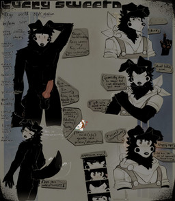 angry animal_genitalia animal_penis annoyed anthro athletic balls black_body black_fur blush boxers_(clothing) broad_shoulders bulge butt canine_genitalia canine_penis clothing collared_shirt cross-popping_vein dork dress_shirt duo expressive flat_butt floppy_ears fur genitals heart_pattern heart_symbol kerchief knot male markings medallion mole_(marking) neck_tuft neckerchief neckwear nude overalls pajama_shirt penis pie_cut_eyes pleading_eyes pronouns pubes rolling_up_sleeves sheath shirt solo stated_age stated_gender stated_height stated_species tail tail_motion tailwag text topwear tuft underwear white_body white_fur cerberussenn lucky_sweeto_(cerberussenn) mocha_hawkes_(cerberussenn) canid canine canis mammal wolf absurd_res english_text hi_res model_sheet signature sketch_page
