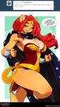 ambar anthro bear big_breasts blue_eyes breasts brown_body brown_fur chalo clothed clothing cosplay costume dc_comics english_text facial_markings female fur hair head_markings hi_res huge_breasts las_lindas leotard long_hair mammal markings open_mouth red_hair smile solo superhero text thick_thighs url white_body white_fur wide_hips wonder_woman