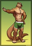 2018 4_toes 5_fingers abs anthro arroyo_(mosin) biceps biped brown_body brown_fur chest_tuft claws clothed clothing digital_drawing_(artwork) digital_media_(artwork) digitigrade feet finger_claws fingers fur green_clothing green_underwear humanoid_hands male mammal muscular muscular_anthro muscular_male mustelid otter pecs simple_background solo sorakirbys standing tail toe_claws toes tuft underwear underwear_only
