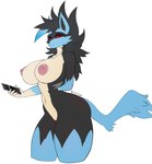 2023 anthro big_breasts black_body black_fur black_hair blue_body blue_fur blue_hair breasts cellphone electronics exposure_variation female fur generation_4_pokemon generation_7_pokemon hair half-closed_eyes hand_behind_back hi_res holding_cellphone holding_object holding_phone holding_smartphone hybrid looking_at_viewer lucario lycanroc maned_kitsune midnight_lycanroc multicolored_body multicolored_fur multicolored_hair narrowed_eyes nintendo nipple_piercing nipples nude phone piercing pink_nipples pokemon pokemon_(species) red_eyes red_sclera simple_background small_waist smartphone solo standing tan_body tan_fur thick_thighs two_tone_hair white_background