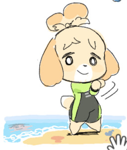 anthro barefoot beach blonde_hair bodily_fluids clothed clothing feet female flat_chested floppy_ears hair half-closed_eyes looking_at_viewer narrowed_eyes one-piece_swimsuit sand shell short_hair simple_background smile solo stretching_arms swimwear thick_thighs topknot white_background haramikarubi animal_crossing nintendo isabelle_(animal_crossing) villager_(animal_crossing) canid canine canis domestic_dog human mammal shih_tzu toy_dog 2026 colored_sketch full-length_portrait portrait sketch