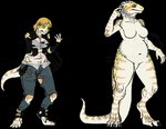 5_fingers anthro belly breasts claws clothing digitigrade female fingers navel non-mammal_breasts simple_background slightly_chubby solo standing stripes surprise thick_thighs torn_clothing transformation transparent_background weight_gain yellow_eyes carolzilla agamid bearded_dragon lizard reptile scalie 2015 alpha_channel