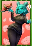 big_breasts border breasts exclamation_point female food fruit glistening glistening_body green_body green_border green_eyes holding_food holding_fruit holding_melon holding_object holding_watermelon melon not_furry open_mouth plant solo standing watermelon morbidlycutecrunch invei_(kurbii) goo_creature goo_humanoid humanoid absurd_res hi_res