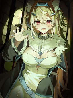 accessory ahoge animal_ears belt big_breasts black_choker black_clothing black_coat black_jewelry black_necklace black_topwear blonde_hair blue_nails blush breasts choker cleavage clothed clothing coat colored_nails dress fake_horns female fluffy_ears fur_coat hair hair_accessory hair_between_eyes highlights_(coloring) jewelry long_hair nails necklace open_mouth pink_eyes topwear white_clothing white_dress myang hololive hololive_en vtuber fuwawa_abyssgard animal_humanoid canid canid_humanoid canine canine_humanoid dog_humanoid humanoid mammal mammal_humanoid 3:4 absurd_res hi_res