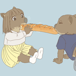 anthro baguette bread clothed clothing duo eating female food kemono male toddler young young_anthro young_female young_male ekaki510 mammal marsupial vombatiform wombat 1:1
