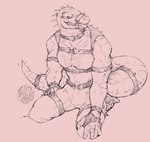 anthro bondage_gear bottomwear chest_tattoo choker claws clothing jewelry male mouth_strap necklace no_shirt open_mouth pants sitting_on_knees solo tail tattoo teeth zinthings dislyte lilith_games daylon_(dislyte) sobek crocodile crocodilian reptile scalie