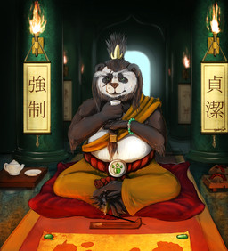 anthro aroma asian_clothing beads beard beverage braided_beard carpet china clothed clothing container cup east_asian_clothing facial_hair fire food footwear furniture geta hair holding_container holding_cup holding_object japanese_clothing male map marble monk pillow scar solo symbol table tea temple text torch karukuji blizzard_entertainment mists_of_pandaria warcraft monk_(warcraft) bear mammal pandaren 2012 chinese_text hi_res signature