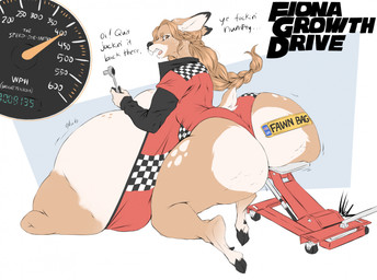 annoyed anthro areola big_areola big_breasts big_butt big_nipples breast_growth breasts brown_eyes brown_hair buckteeth butt cellulite clothing dewclaw_hooves dialogue exposed_breasts eyelashes female front_view fur growth growth_drive hair hat headgear headwear hooves huge_breasts huge_butt hyper hyper_breasts jumpsuit jumpsuit_down leotard leotard_down looking_back low-angle_view nipple_dip nipples open_mouth rear_view scut_tail short_tail socket_wrench solo speedometer sticker_on_butt tail tan_areola tan_body tan_fur tan_nipples teeth text thick_thighs wide_hips dullvivid fiona_fawnbags_(dullvivid) deer mammal new_world_deer white-tailed_deer english_text hi_res