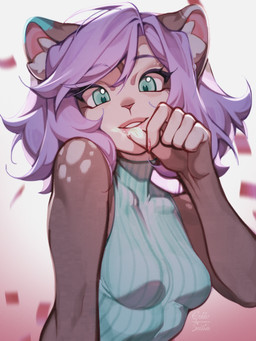 anthro birthday birthday_cake breasts brown_body cake clothed clothing dessert female food fur hair looking_at_viewer looking_pleasured purple_hair simple_background small_breasts smile solo teeth tuft gekko-seishin gekko_(gekko-seishin) domestic_cat felid feline felis mammal 2025 3:4 absurd_res digital_media_(artwork) hi_res shaded
