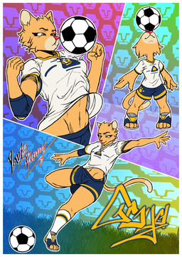4_toes 5_fingers abstract_background anthro athletic athletic_anthro athletic_female ball bottomwear brown_eyes chibi claws clothed clothed_anthro clothed_female clothing feet female fingers footwear fur furgonomics head_tuft logo mascot pattern_clothing red_nose shirt shoes shorts soccer soccer_ball soccer_jersey soccer_uniform socks solo sport sportswear tail tan_body tan_fur text toes topwear tuft uniform darkbunnyuwu club_universidad_nacional liga_mx goya_(pumas_unam) cougar felid feline mammal 2026 character_name colored hi_res signature