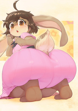 5_fingers ahoge anthro barefoot big_butt biped blush blush_lines bodily_fluids breasts brown_body brown_eyes brown_hair brown_tail butt clothed clothing dress eyebrows eyelashes feet female fingers freckles fully_clothed fur hair huge_butt huge_hips huge_thighs kneeling long_ears looking_at_viewer looking_back medium_breasts monotone_body open_mouth pink_clothing raised_inner_eyebrows rear_view scut_tail seiza short_tail simple_background sitting solo sweat tail text thick_thighs wide_hips yellow_background keyhat_tk10 lagomorph leporid mammal rabbit 2023 absurd_res dated digital_drawing_(artwork) digital_media_(artwork) english_text hi_res signature