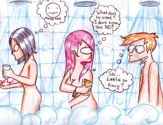 communal_shower convenient_censorship female group hair male not_furry nude orange_hair purple_hair shower text trio water comedy_central futurama amy_wong philip_j._fry turanga_leela cyclops human mammal english_text