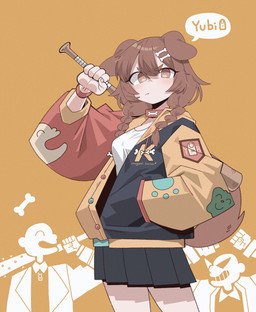 accessory baseball_bat bat_(object) bottomwear braided_hair breasts brown_hair clothing collar female hair hair_accessory hairclip hand_in_pocket jacket pockets shirt skirt solo topwear cocomayo29_(tomato) hololive vtuber inugami_korone animal_humanoid canid canid_humanoid canine canine_humanoid dog_humanoid humanoid mammal mammal_humanoid 2024 absurd_res hi_res