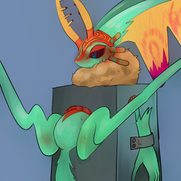 ambiguous_gender anthro antlers biped black_sclera blue_background blush blush_lines bodily_fluids bound chest_tuft countershade_torso countershading digitigrade featureless_crotch fluffy fluffy_tail fur head_wings horn huge_wings mouthless multicolored_body multicolored_eyes multicolored_fur narrowed_eyes neck_tuft null orange_body orange_fur pink_eyes pupils sex_box simple_background solo spread_legs spreading stuck sweat sweatdrop tail tan_body tan_fur teal_body teal_eyes teal_fur three-quarter_view tuft unusual_wing_placement wings afuta_senshirinu kirby_(series) kirby_and_the_forgotten_land nintendo fecto_elfilis alien chinchilla chinchillid mammal rodent starling_(kirby) 1:1 2022 absurd_res digital_drawing_(artwork) digital_media_(artwork) hi_res japanese_description