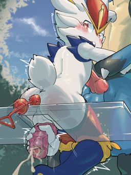 anal anal_beads anal_beads_in_ass anal_penetration animal_genitalia animal_penis anthro anthro_penetrated balls bench big_penis blue_body blue_fur blush bodily_fluids bottomwear bottomwear_down buckteeth butt canine_genitalia canine_penis clothed clothing cum cumshot disembodied_hand ejaculation erection fluffy fluffy_tail fur genital_fluids genitals glass_bench group hand_spike handjob humanoid_genitalia humanoid_penis knot low-angle_view male male_penetrated object_in_ass on_bench pants pants_down partially_clothed penetrable_sex_toy penetration penile penis rear_view sex sex_toy sex_toy_in_ass sex_toy_insertion sitting sitting_on_bench solo spikes spikes_(anatomy) tail tears tears_of_pleasure teeth trio white_body white_fur albert19990202 nintendo pokemon canid cinderace generation_4_pokemon generation_8_pokemon lagomorph lucario mammal pokemon_(species) 3:4 hi_res
