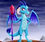 biped bloodstone_scepter blue_body blue_skin cloud female mountain sky smile solo star tail the-butcher-x friendship_is_magic hasbro my_little_pony mythology princess_ember_(mlp) dragon mythological_creature mythological_scalie scalie 2020 hi_res