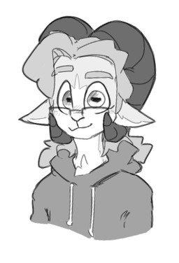 anthro bangs big_horn blinking chest_tuft clothing eyewear glasses happy hoodie horn male mullet solo topwear tuft onearmdude richie_(onearmdude) bovid caprine mammal sheep animated monochrome