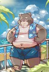 anthro beach belly bottomwear clothing cloud humanoid_hands kemono male navel outside overweight overweight_male palm_tree plant scar seaside shirt shorts solo topwear tree water lantu_(artist) bear mammal 2022 hi_res