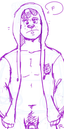 anthro bottomless bow_tie brown_eyes clothed clothing dreadlocks eyebrows facial_piercing fur genitals hair hand_in_pocket hoodie hoodie_only labret_piercing lip_piercing looking_at_viewer male partially_clothed penis piercing pockets pubes simple_background solo speech_bubble topwear topwear_only whisker_spots p_rindustries gale_(p_rindustries) felid mammal pantherine 1:2 2020 guide_lines sketch