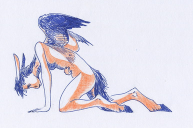 anthro female hooves kneeling long_ears mane nude nude_anthro simple_background solo tail unguligrade wings adeptus-monitus traditional_media_(artwork)