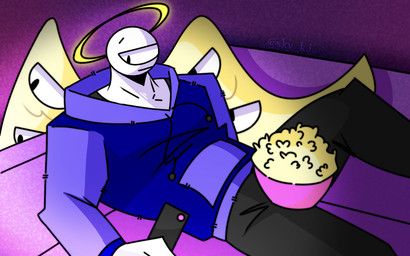 1_eye back_wings black_bottomwear black_clothing black_pants blue_clothing blue_hoodie blue_topwear bottomwear clothed clothed_humanoid clothed_male clothing dot_pupils drawstring_hoodie drawstring_topwear food front_view fully_clothed fully_clothed_humanoid fully_clothed_male furniture furrowed_eyebrows halo holding_object hoodie looking_aside lying lying_on_sofa male mouth_closed on_back on_sofa pants popcorn purple_background simple_background sofa solo text topwear unusual_anatomy unusual_eye_placement white_body wing_eyes wings yellow_wings skykdotidot humanoid 16:10 2023 artist_name digital_drawing_(artwork) digital_media_(artwork) portrait three-quarter_portrait widescreen