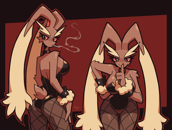 alternative_fashion anthro bedroom_eyes breasts choker cigarette clothing female fishnet_clothing fishnet_legwear jewelry latex latex_clothing legwear looking_at_viewer narrowed_eyes necklace seductive short_tail shush slim_female smoking smoking_cigarette solo tail notyoursagittarius nintendo pokemon generation_4_pokemon lopunny pokemon_(species) hi_res