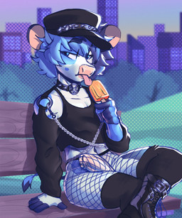 alternative_fashion anthro bench big_penis black_boots black_clothing black_collar black_footwear black_hat black_headwear black_shirt black_socks black_tank_top black_topwear blue_body blue_eyes blue_fur blue_hair blue_spots boots clothing collar crossed_legs erection femboy fishnet_clothing fishnet_legwear fishnet_stockings food footwear fur genitals glans goth hair half-closed_eyes hat headgear headwear holding_food holding_object holding_popsicle humanoid_genitalia humanoid_penis legwear looking_away male markings narrowed_eyes park park_bench penis pink_glans pink_inner_ear pink_penis popsicle shirt shoes sitting socks solo spiked_collar spikes spots spotted_body spotted_fur tank_top thick_thighs thigh_highs thigh_socks tongue tongue_out topwear white_penis imgloka bovid bovine cattle mammal 5:6 absurd_res hi_res