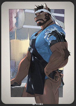 accessory anthro apron beard biceps black_apron black_claws black_clothing black_hair black_pawpads blue_clothing blue_shirt blue_topwear border bottomless brown_body brown_fur butcher claws clothed clothing facial_hair finger_claws forearm_muscles fur grey_border hair hand_on_hip headband kitchen male muscular muscular_anthro muscular_male mustache octopus_tentacles pawpads pecs shirt short_tail solo tail topwear triceps wave_pattern weibo_logo white_headband tooboshoo weibo canid canine canis domestic_dog mammal 2025