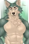 abs anthro barazoku biceps big_muscles big_pecs eyebrows fangs fluffy fluffy_chest fur grey_body grey_fur looking_at_viewer male muscular muscular_anthro muscular_male neck_tuft open_mouth pecs simple_background smile solo teeth tuft white_body white_fur feelieowo beastars legoshi_(beastars) canid canine canis mammal wolf 2024 2:3 colored digital_drawing_(artwork) digital_media_(artwork) hi_res