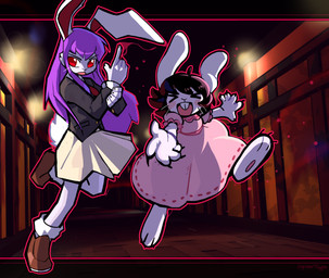 >o< anthro anthrofied biped black_clothing black_hair black_jacket black_topwear bottomwear brown_clothing brown_footwear brown_shoes buckteeth claws clothing dress duo female finger_gun floppy_ears footwear gesture hair hand_gesture jacket open_mouth open_smile pink_clothing pink_dress purple_hair red_eyes shoes skirt smile teeth topwear white_body craftyyoukai touhou reisen_udongein_inaba tewi_inaba lagomorph leporid mammal rabbit hi_res