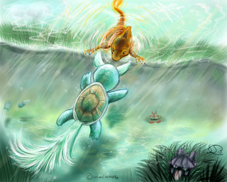 ambiguous_gender blue_body blue_skin feathered_wings feathers fire flaming_tail group head_wings orange_body orange_skin shell swimming tail underwater unusual_wing_placement water wings animalartist16 nintendo pokemon aquatic charmeleon generation_1_pokemon krabby pokemon_(species) poliwag reptile scalie shellder wartortle 5:4 digital_media_(artwork) sketch