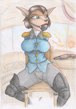 anthro arms_tied athletic athletic_anthro athletic_female ball_gag bdsm bondage bound breasts brown_hair brown_nose button_(fastener) captured chair chair_bondage clothed clothed_anthro clothed_female clothing collared_shirt dress_shirt eyebrows eyelashes female fully_clothed furniture gag gagged green_eyes hair hands_behind_back inside legs_tied legwear lipstick makeup muffled open_mouth open_mouth_gag restrained restraints rope rope_bondage rope_harness shirt solo submissive submissive_anthro submissive_female topwear weapon worried spiritalpha disney treasure_planet captain_amelia felid feline mammal colored_pencil_(artwork) graphite_(artwork) hi_res traditional_media_(artwork)