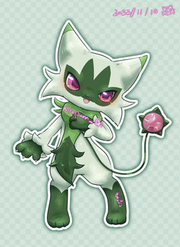 3_fingers 3_toes :3 :d ambiguous_gender anthro biped checkered checkered_background cheek_tuft claws cute_fangs digitigrade dipstick_ears ear_markings facial_markings facial_tuft fangs feet fingers fur green_body green_fur head_markings kemono leg_markings looking_at_viewer markings mask_(marking) multicolored_ears open_mouth outline pattern_background pink_eyes pink_nose pink_tongue simple_background smile socks_(marking) solo standing teeth toes tongue tuft white_claws white_outline yo-yo kisara_(artist) nintendo pokemon floragato generation_9_pokemon pokemon_(species) 2022 absurd_res dated digital_media_(artwork) full-length_portrait hi_res portrait
