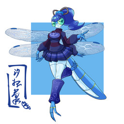 3_fingers 3_toes 4_arms 4_wings accessory anthro arthropod_abdomen bangs blue_body blue_hair blue_skin bottomwear claws clothed clothing dragonfly_wings feet female fingers freckled_face freckles green_hair hair hair_accessory insect_wings leg_warmers legwear miniskirt multi_arm multi_limb multi_wing open_mouth ponytail simple_background skirt solo sweater toes topwear wings 7shiomaneki53 astronautical demi_dixon_(blargen69) arthropod dragonfly insect 1:1 full-length_portrait hi_res portrait signature