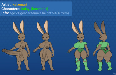 3_toes anthro areola balls big_balls big_breasts big_butt big_penis blue_background boots breasts brown_areola brown_body brown_fur brown_glans brown_nipples butt clothing erection eyebrows eyes_closed feet flaccid footwear foreskin front_view fur genital_raphe genitals glans green_boots green_clothing green_footwear green_topwear gynomorph huge_balls huge_penis intersex knee_pads long_ears long_penis motion_lines navel nipples pattern_background penis pink_inner_ear raphe_(anatomy) rear_view scrotal_raphe shoes simple_background smile solo standing stated_age stated_gender stated_height text thick_thighs toes topwear katzenart e621 furdoom daisy_(katzenart) lagomorph leporid mammal rabbit 14:9 2024 artist_name character_name hi_res model_sheet signature female_(lore)